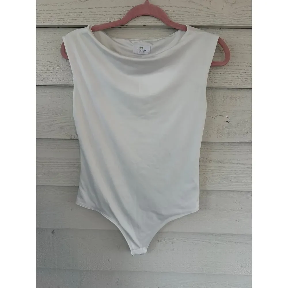 Live in the Moment White Sleeveless Bodysuit Size L Minimalist Stretch Tank Snap - Picture 2 of 7